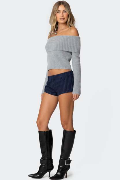 Tamara Fold Over Knit Top - GRAY MELANGE