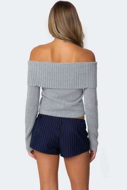 Tamara Fold Over Knit Top - GRAY MELANGE