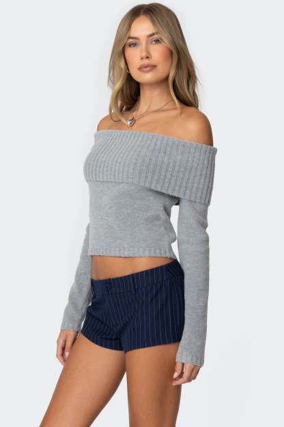 Tamara Fold Over Knit Top - GRAY MELANGE