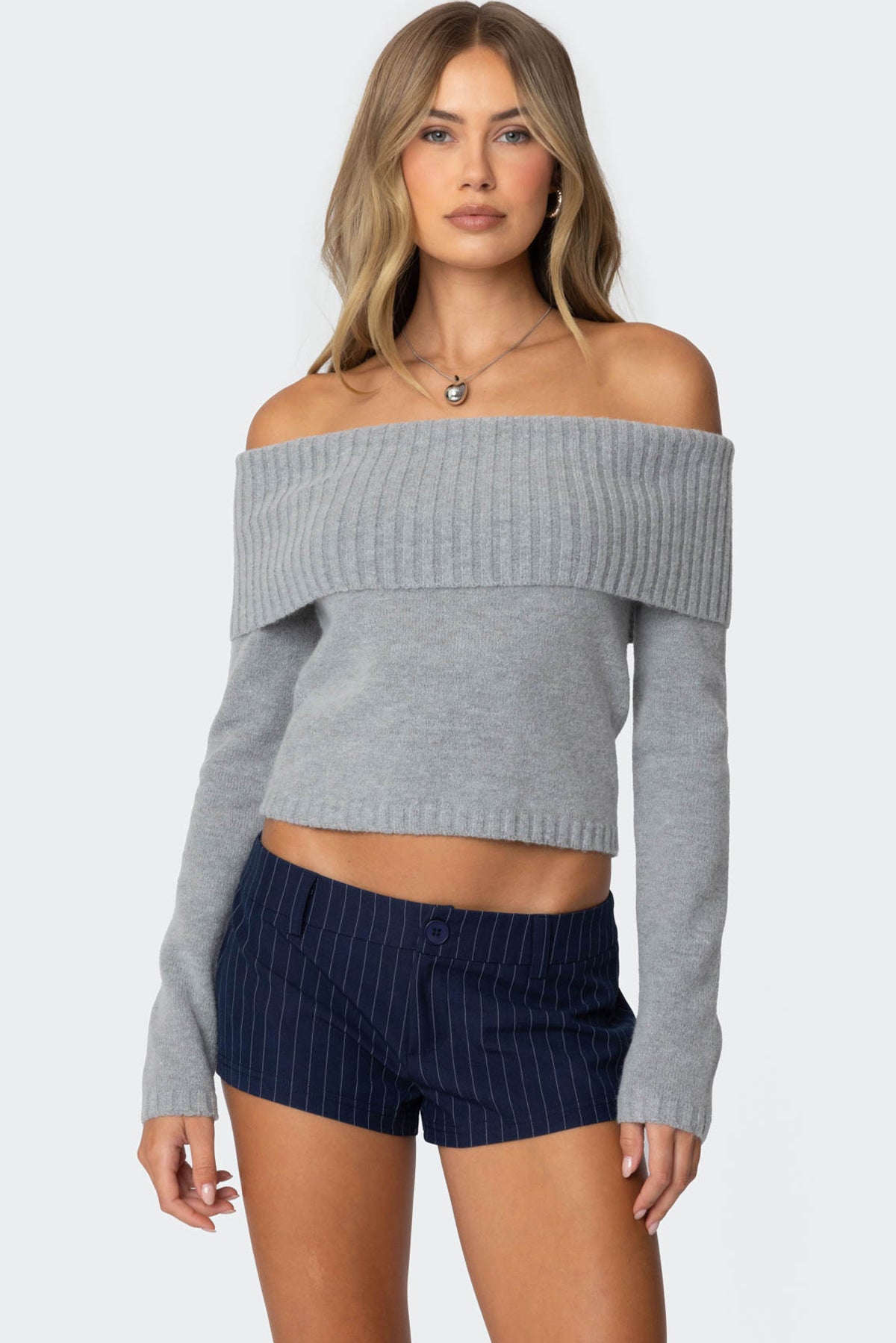 Tamara Fold Over Knit Top - GRAY MELANGE