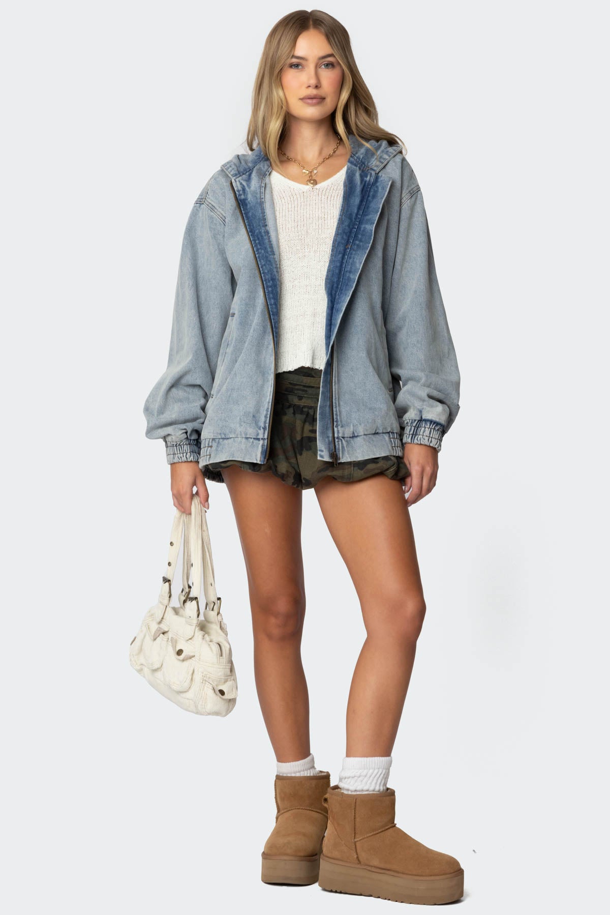 Hooded Vintage Washed Denim Bomber Jacket - LIGHT BLUE