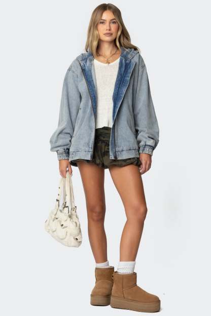Hooded Vintage Washed Denim Bomber Jacket - LIGHT BLUE