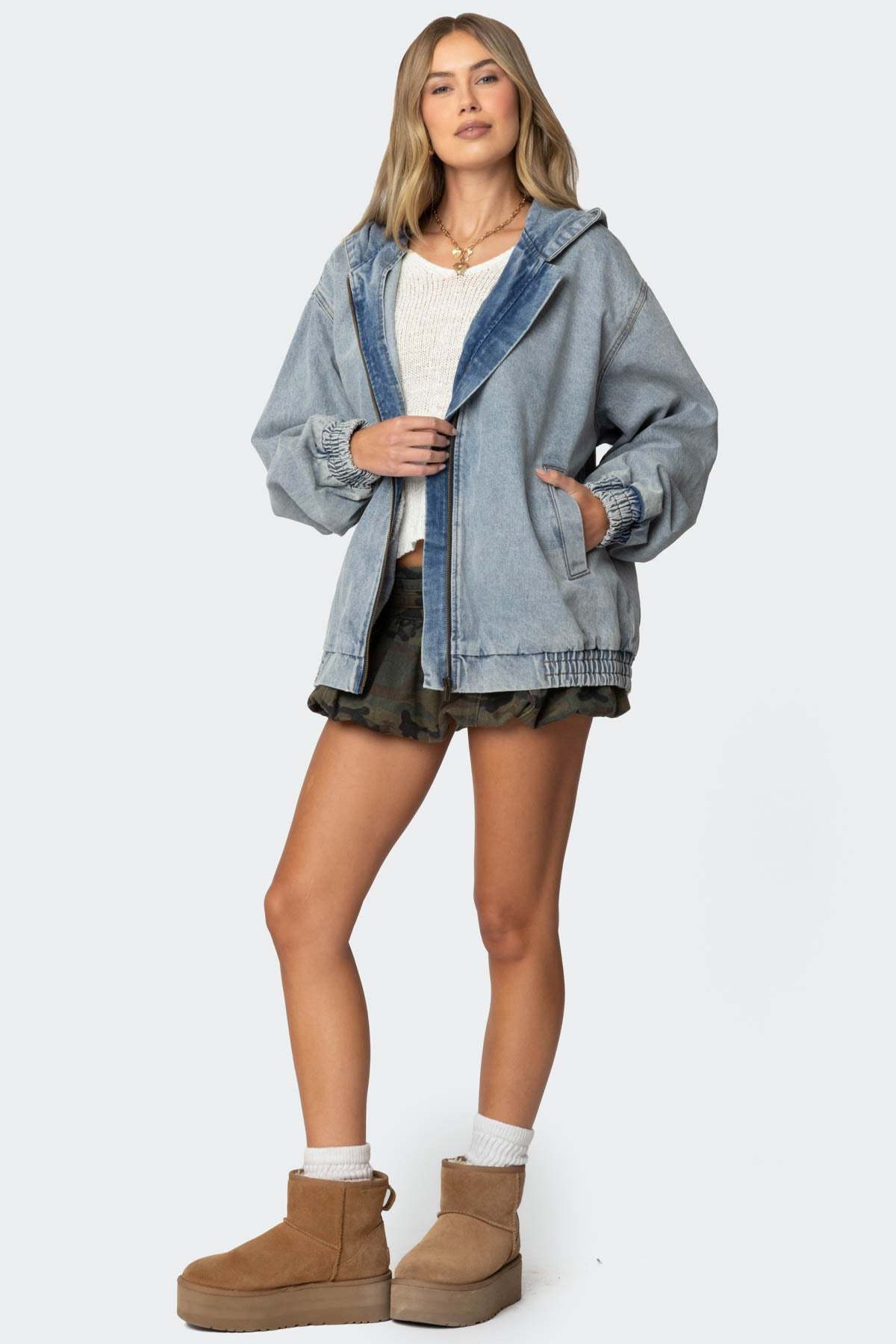 Hooded Vintage Washed Denim Bomber Jacket - LIGHT BLUE