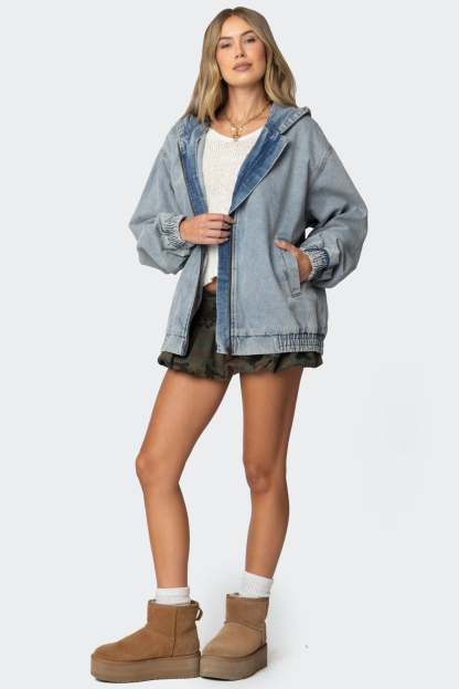 Hooded Vintage Washed Denim Bomber Jacket - LIGHT BLUE
