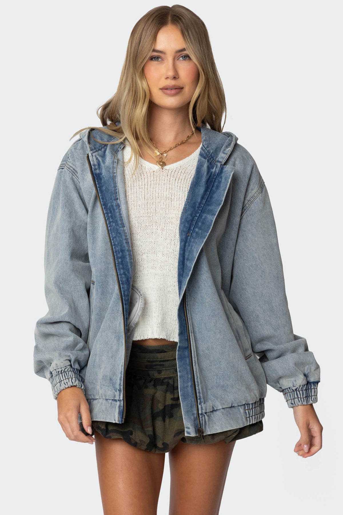 Hooded Vintage Washed Denim Bomber Jacket - LIGHT BLUE