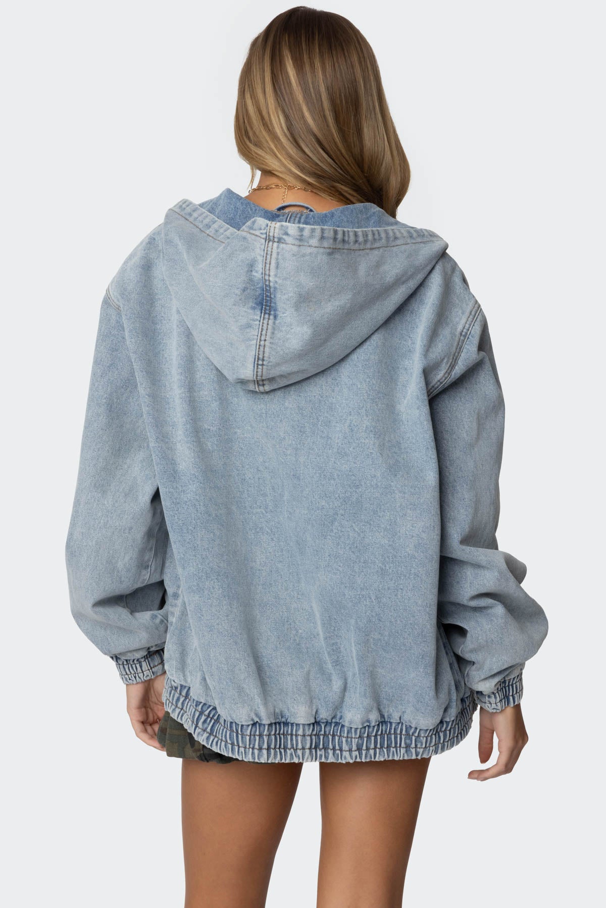 Hooded Vintage Washed Denim Bomber Jacket - LIGHT BLUE