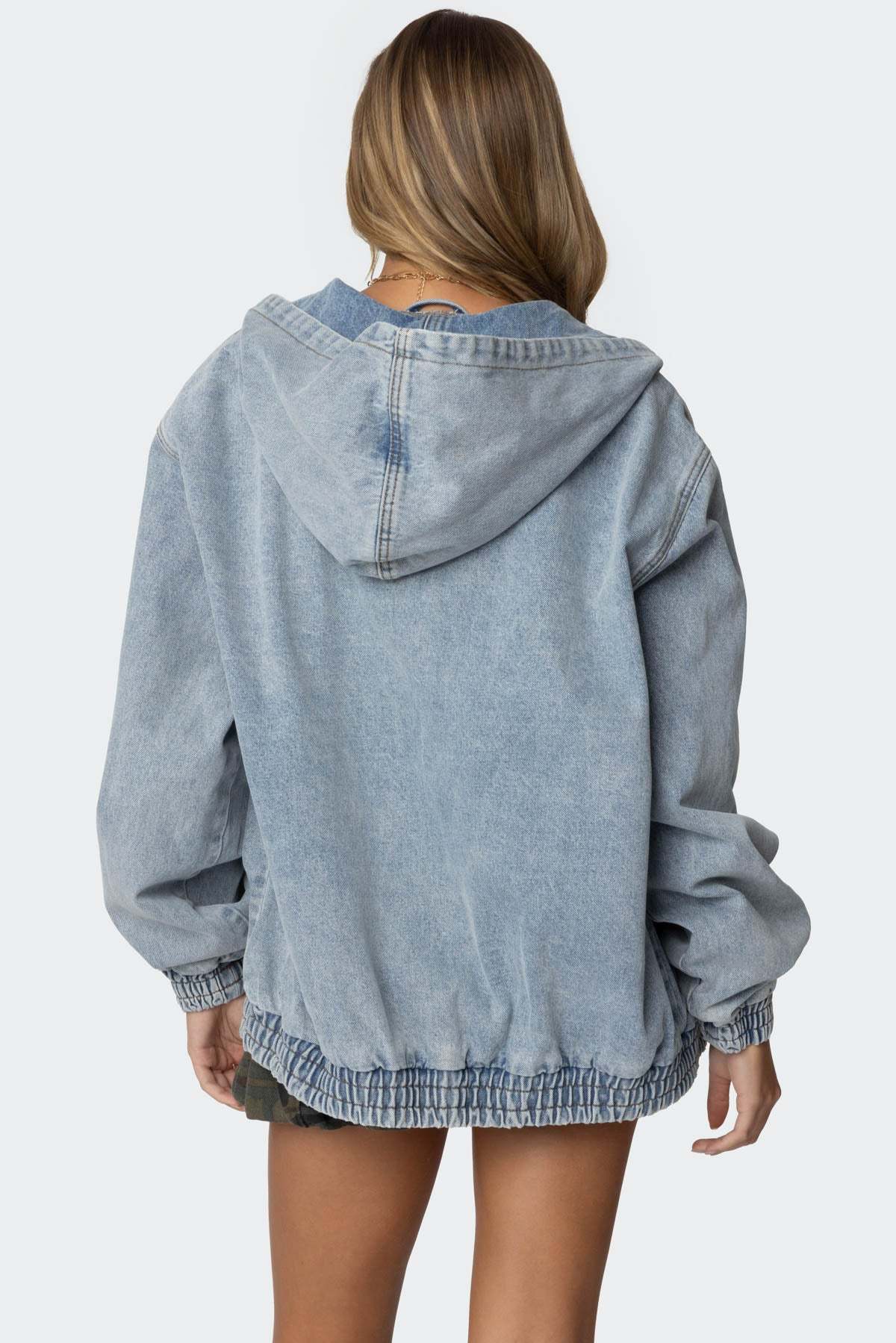 Hooded Vintage Washed Denim Bomber Jacket - LIGHT BLUE