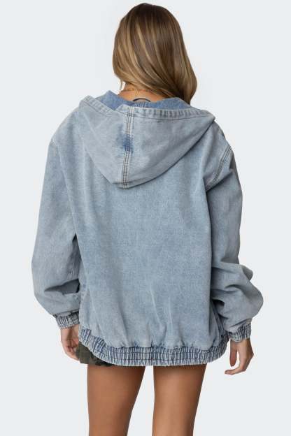 Hooded Vintage Washed Denim Bomber Jacket - LIGHT BLUE