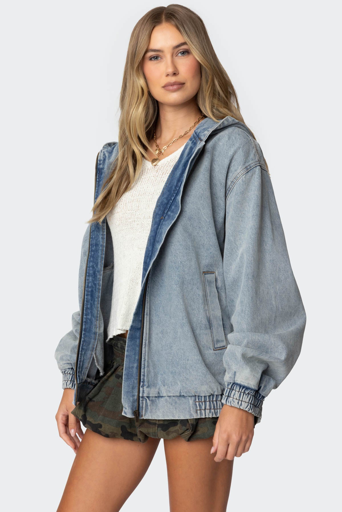 Hooded Vintage Washed Denim Bomber Jacket - LIGHT BLUE