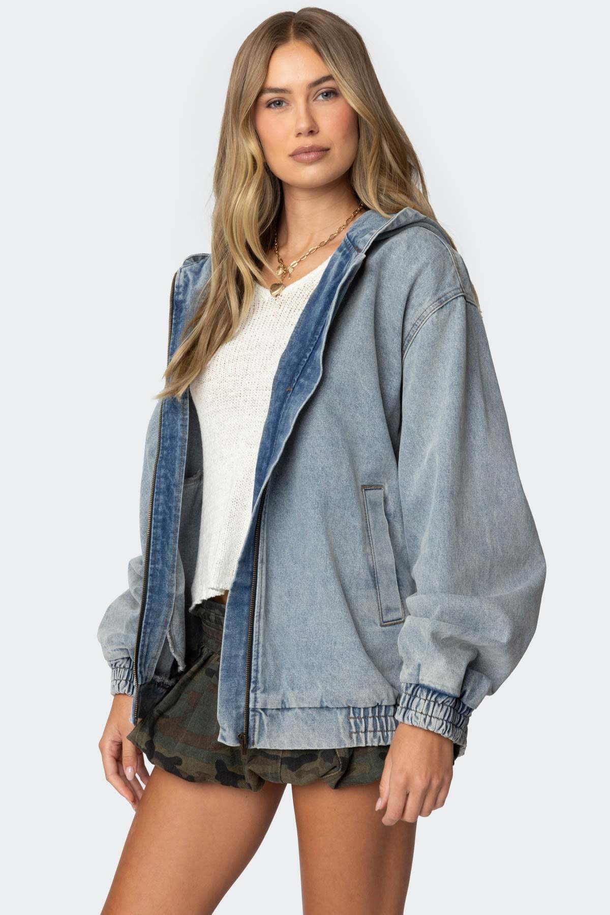 Hooded Vintage Washed Denim Bomber Jacket - LIGHT BLUE