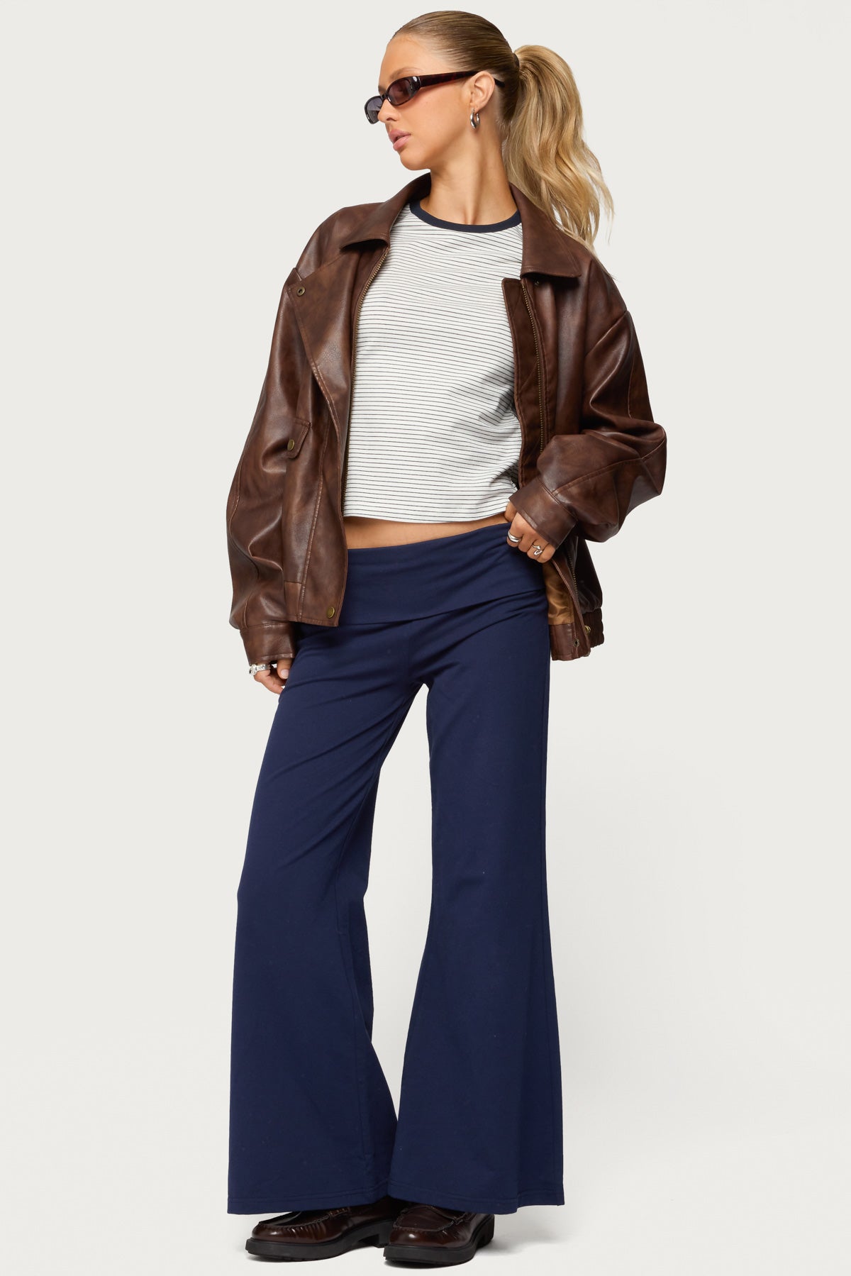 Petite Wide Leg Foldover Pants - NAVY
