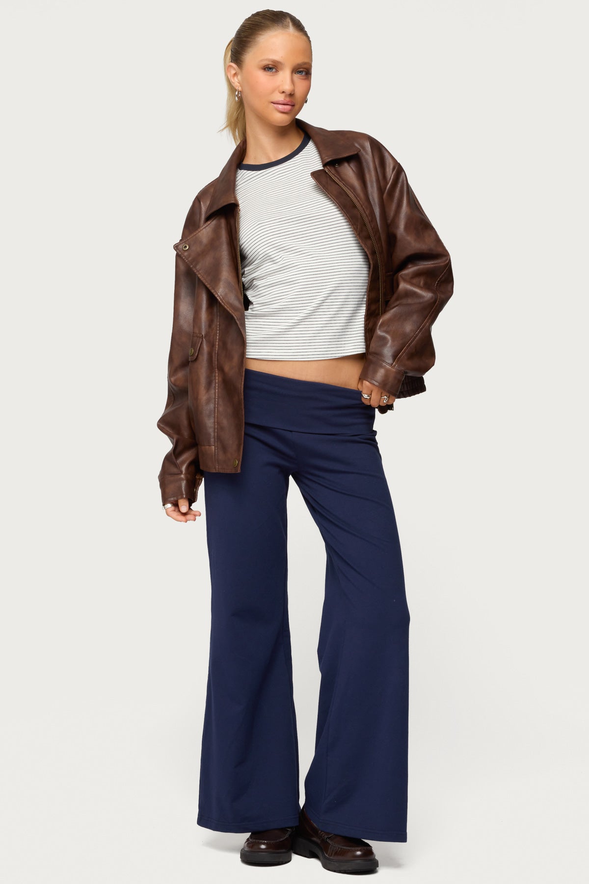 Petite Wide Leg Foldover Pants - NAVY