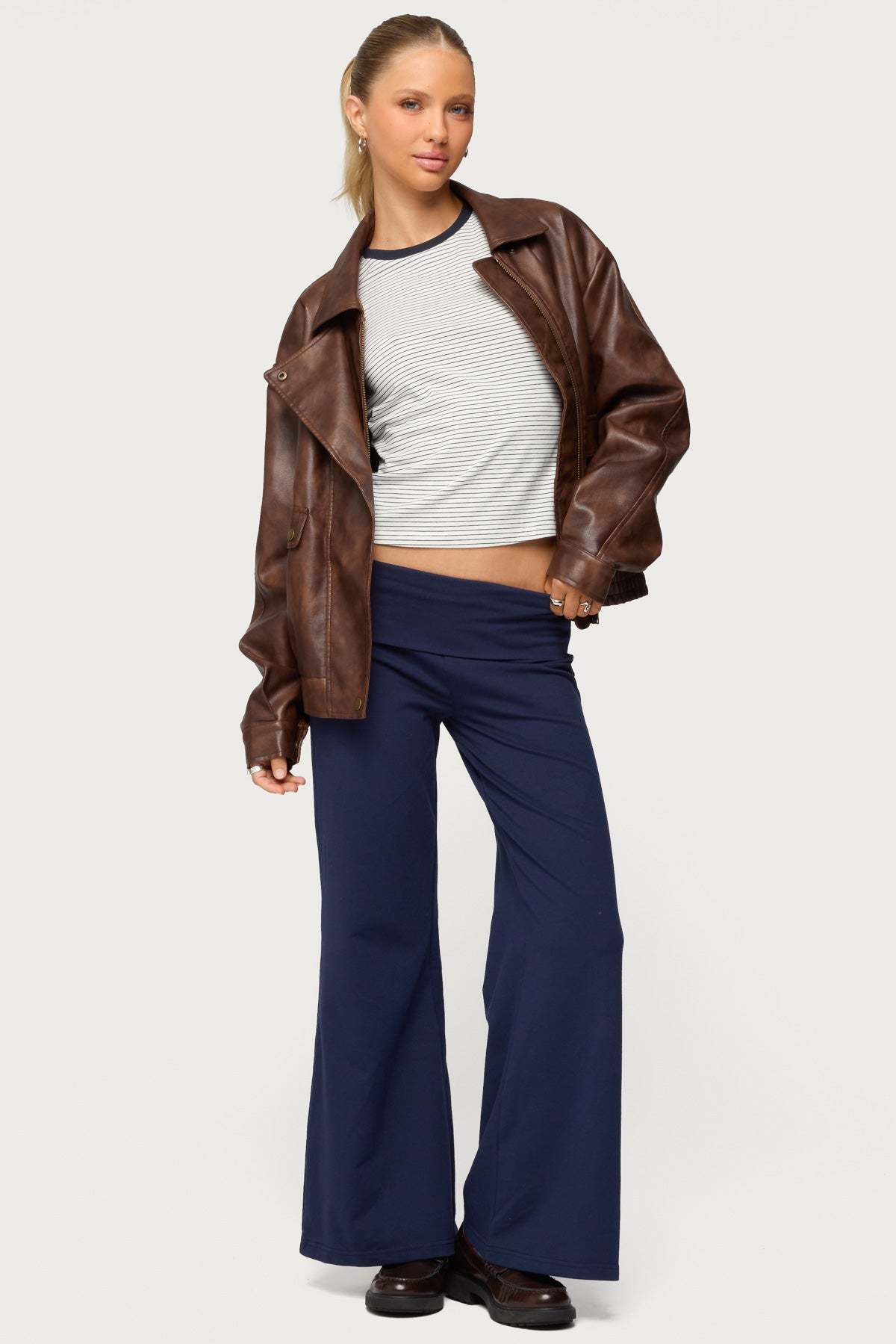 Petite Wide Leg Foldover Pants - NAVY