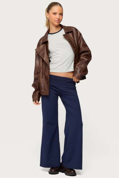 Petite Wide Leg Foldover Pants - NAVY