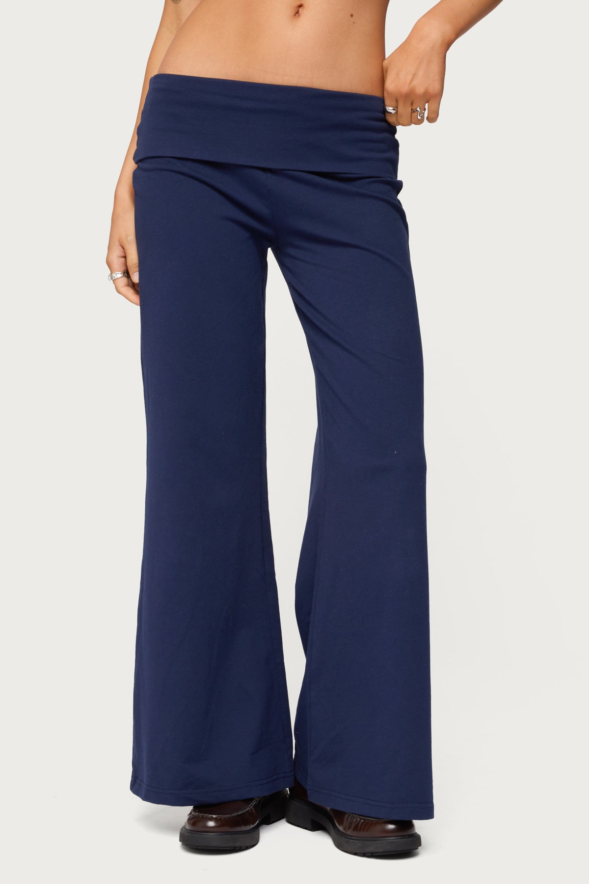 Petite Wide Leg Foldover Pants - NAVY