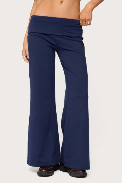 Petite Wide Leg Foldover Pants - NAVY