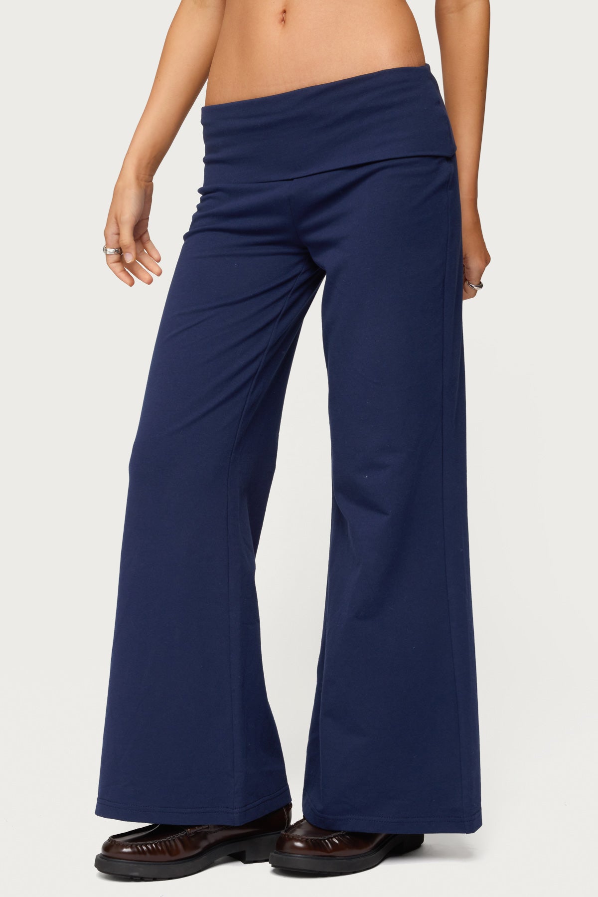 Petite Wide Leg Foldover Pants - NAVY