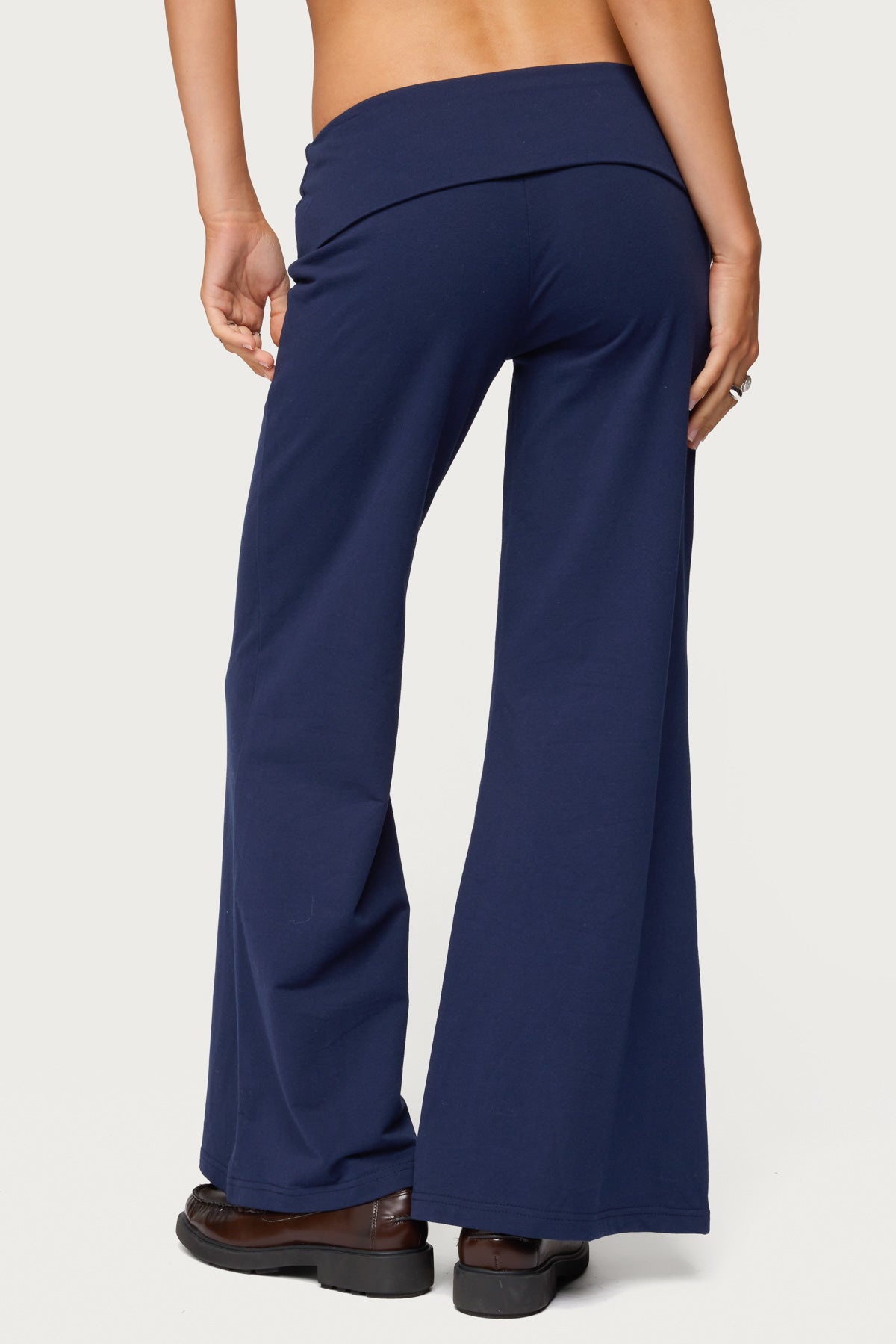 Petite Wide Leg Foldover Pants - NAVY