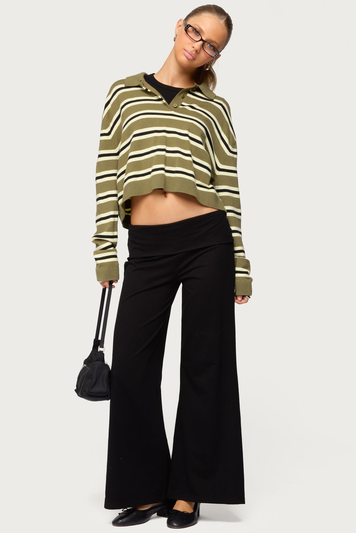 Petite Wide Leg Foldover Pants - BLACK