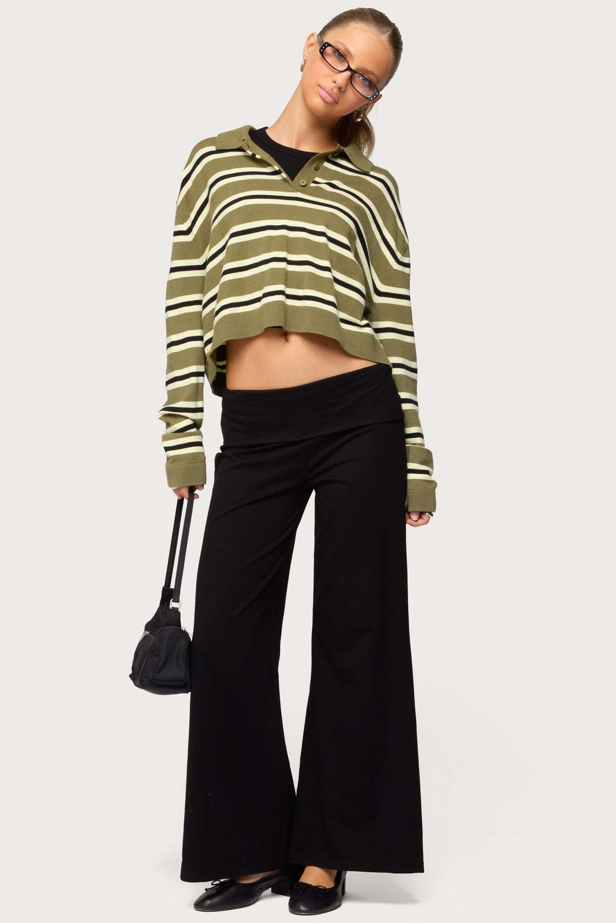 Petite Wide Leg Foldover Pants - BLACK