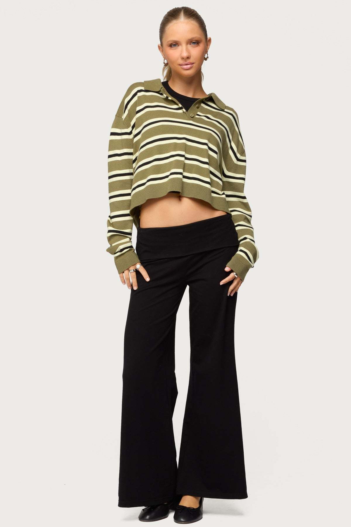 Petite Wide Leg Foldover Pants - BLACK