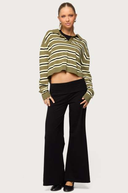 Petite Wide Leg Foldover Pants - BLACK