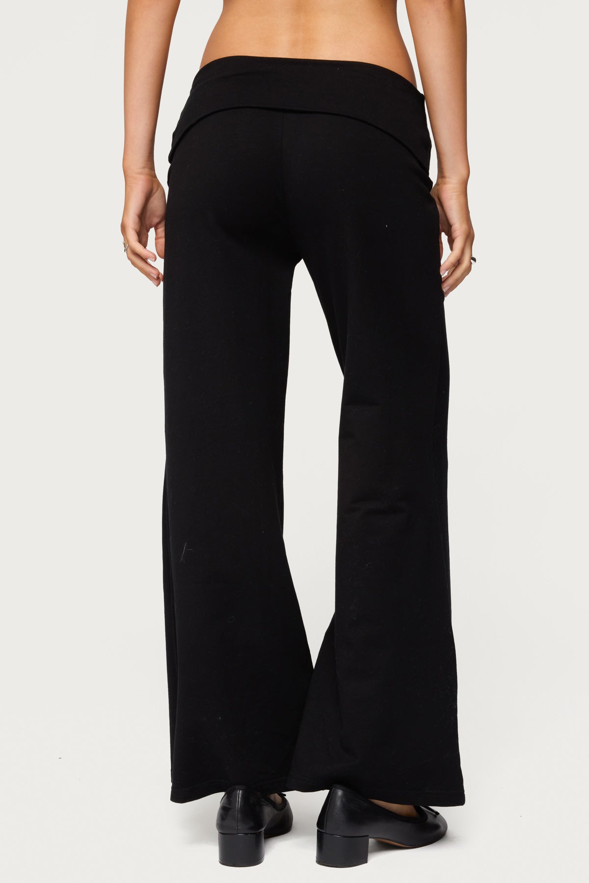 Petite Wide Leg Foldover Pants - BLACK