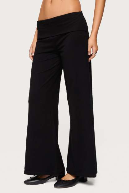 Petite Wide Leg Foldover Pants - BLACK