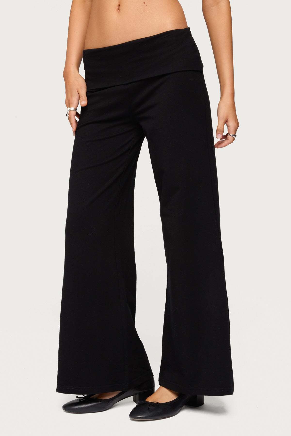Petite Wide Leg Foldover Pants - BLACK