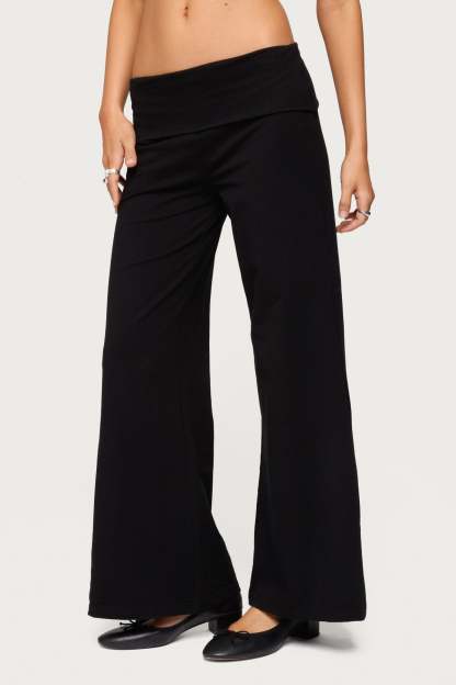 Petite Wide Leg Foldover Pants - BLACK