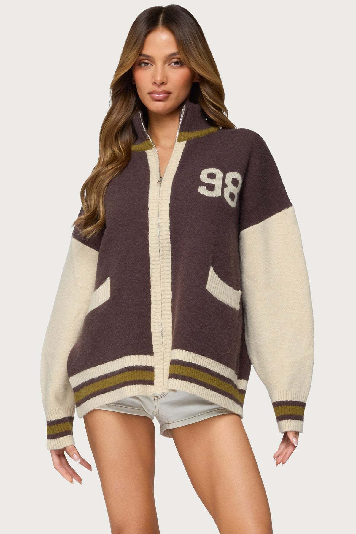 98 Varsity Zip Up Sweater - BROWN