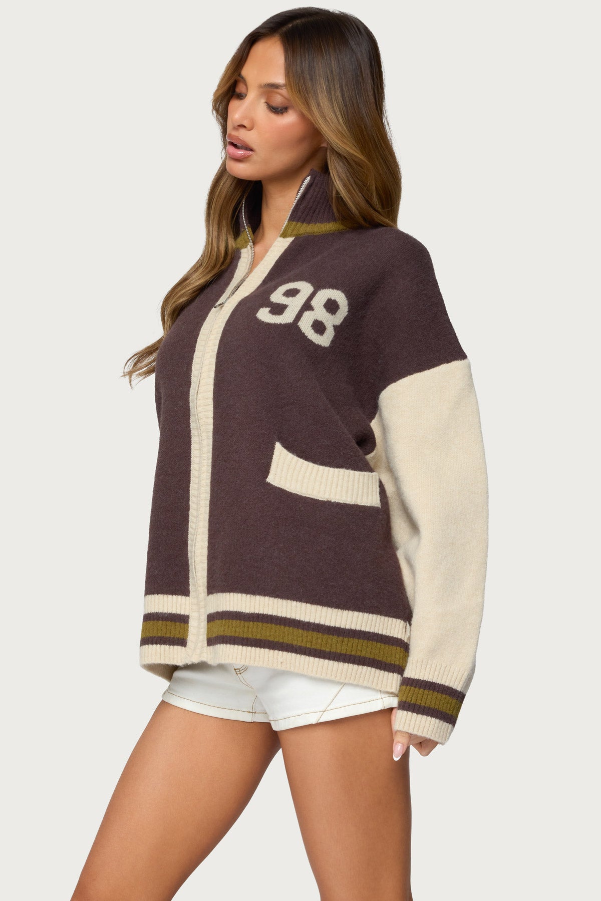 98 Varsity Zip Up Sweater - BROWN