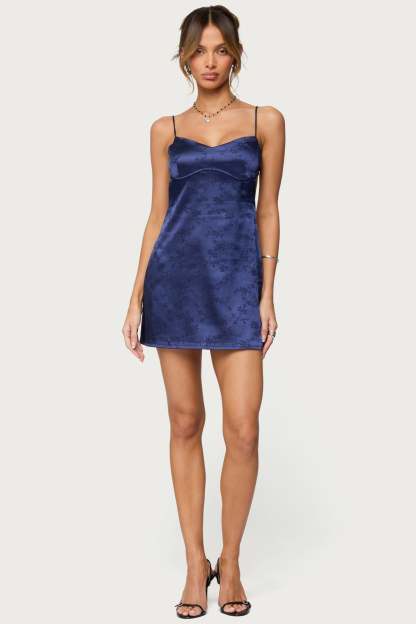 Kara Embroidered Satin Effect Mini Dress - NAVY