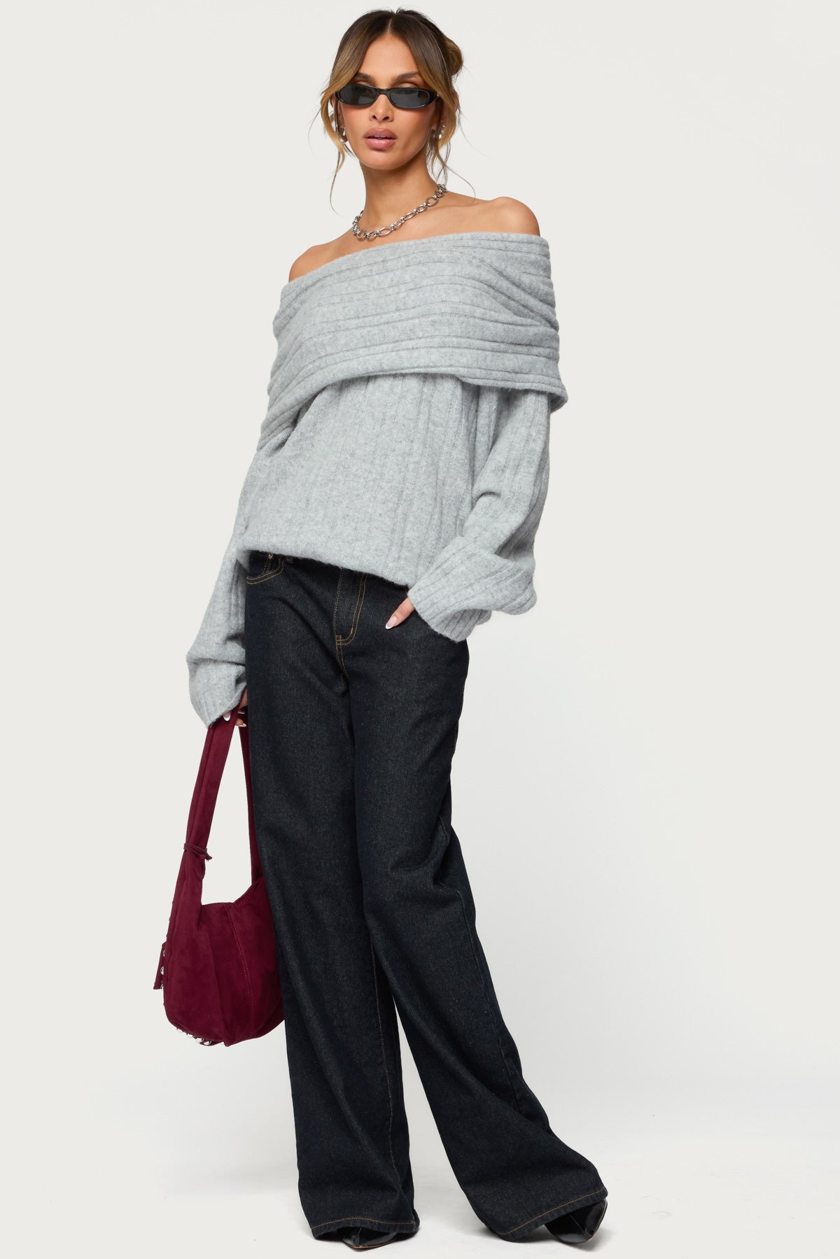 Kadenna Oversized Off Shoulder Sweater - LIGHT-GRAY-MELANGE