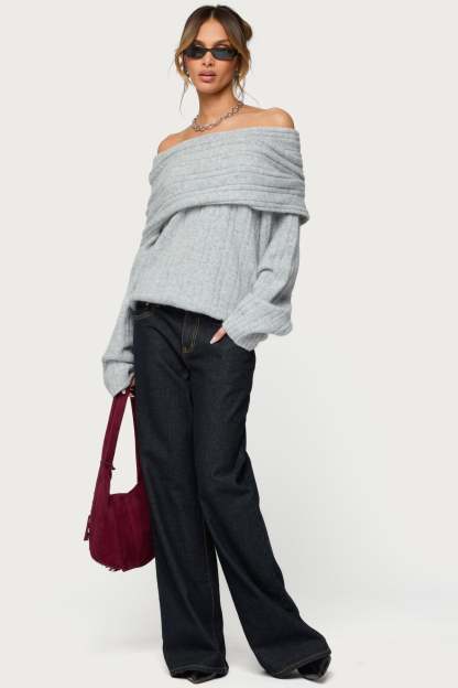 Kadenna Oversized Off Shoulder Sweater - LIGHT-GRAY-MELANGE