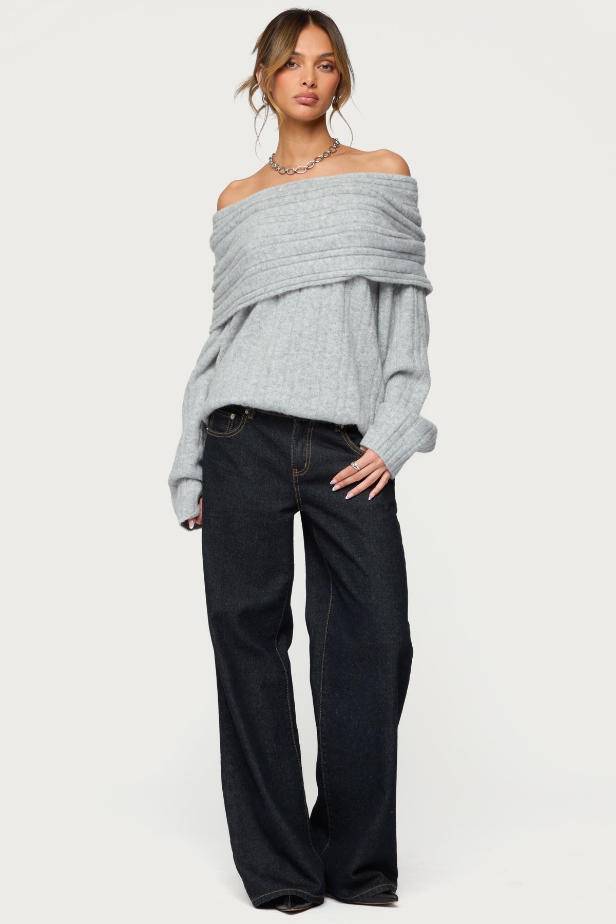Kadenna Oversized Off Shoulder Sweater - LIGHT-GRAY-MELANGE