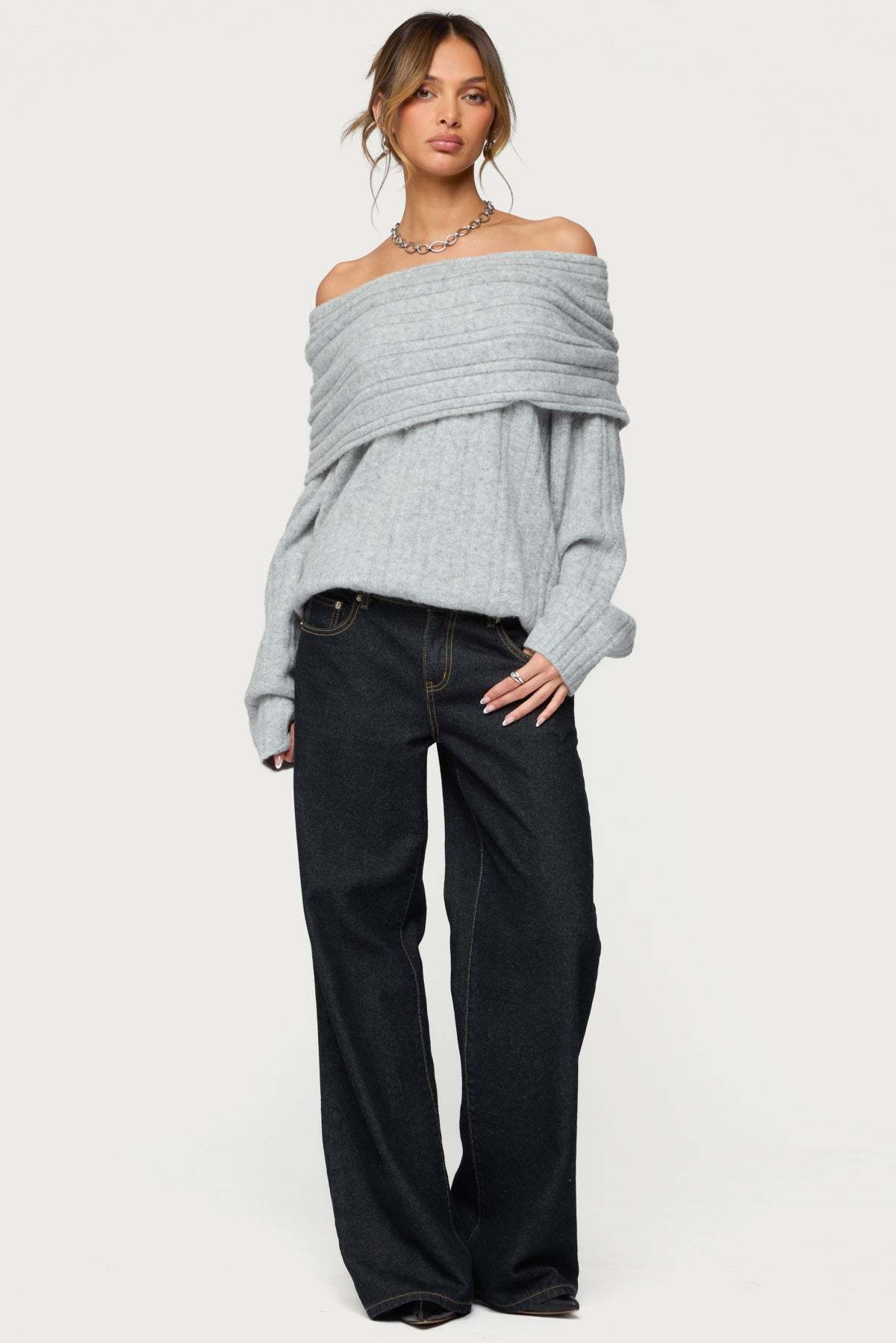Kadenna Oversized Off Shoulder Sweater - LIGHT-GRAY-MELANGE