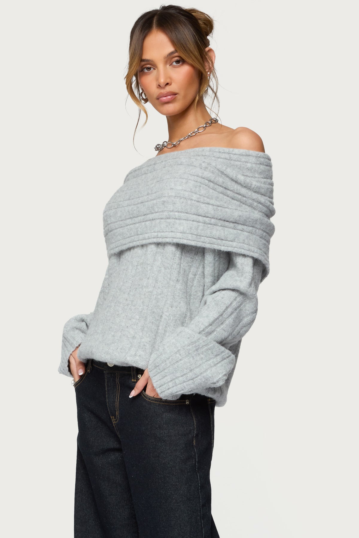 Kadenna Oversized Off Shoulder Sweater - LIGHT-GRAY-MELANGE