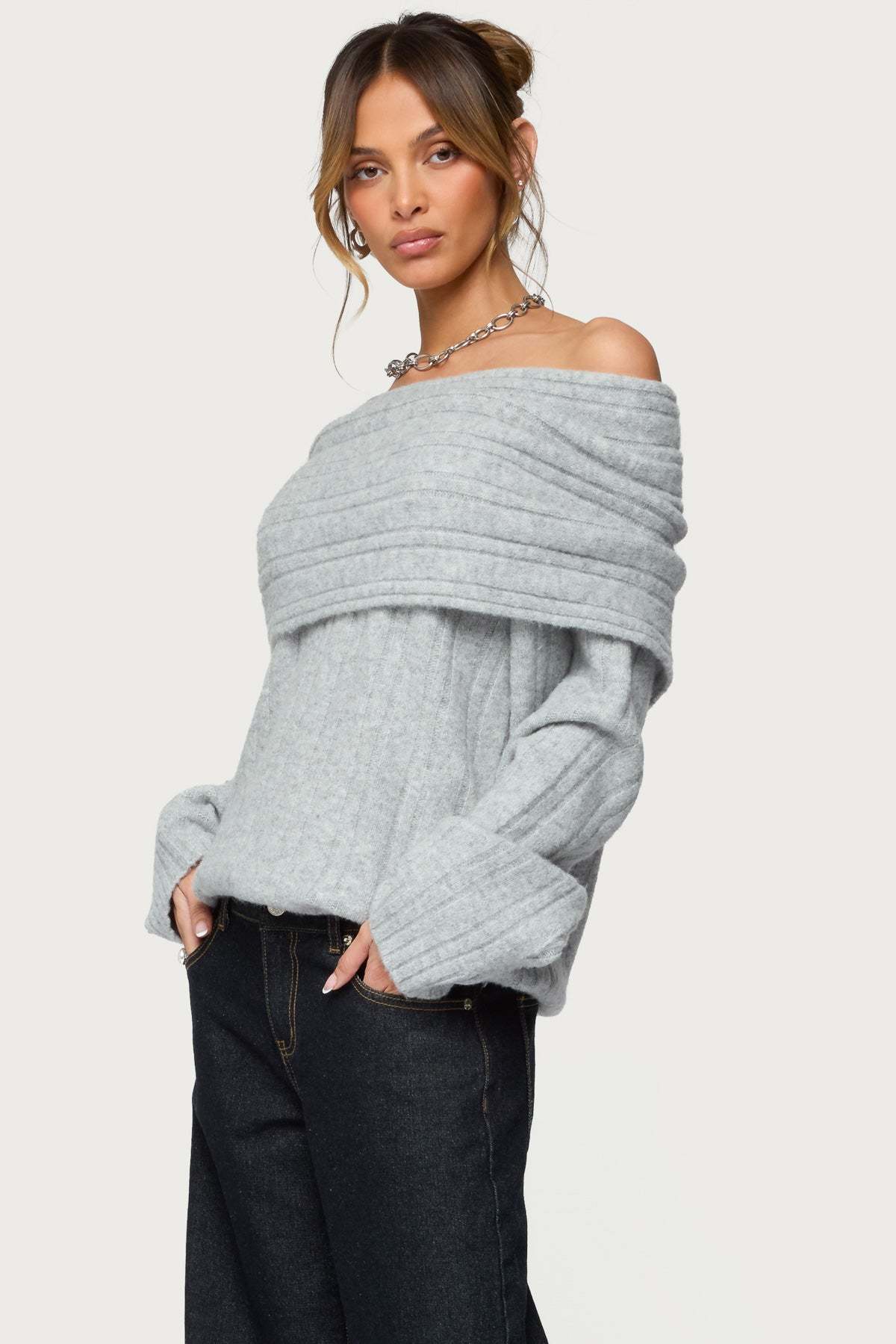 Kadenna Oversized Off Shoulder Sweater - LIGHT-GRAY-MELANGE