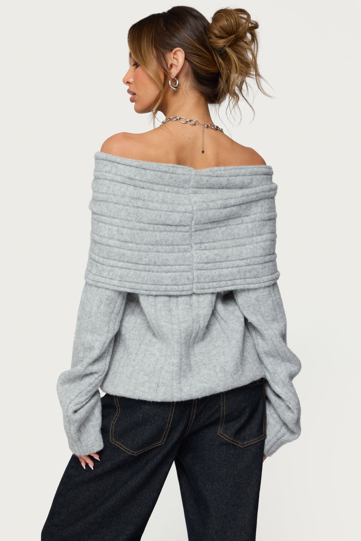Kadenna Oversized Off Shoulder Sweater - LIGHT-GRAY-MELANGE