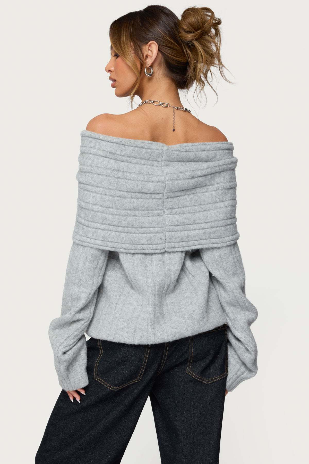 Kadenna Oversized Off Shoulder Sweater - LIGHT-GRAY-MELANGE