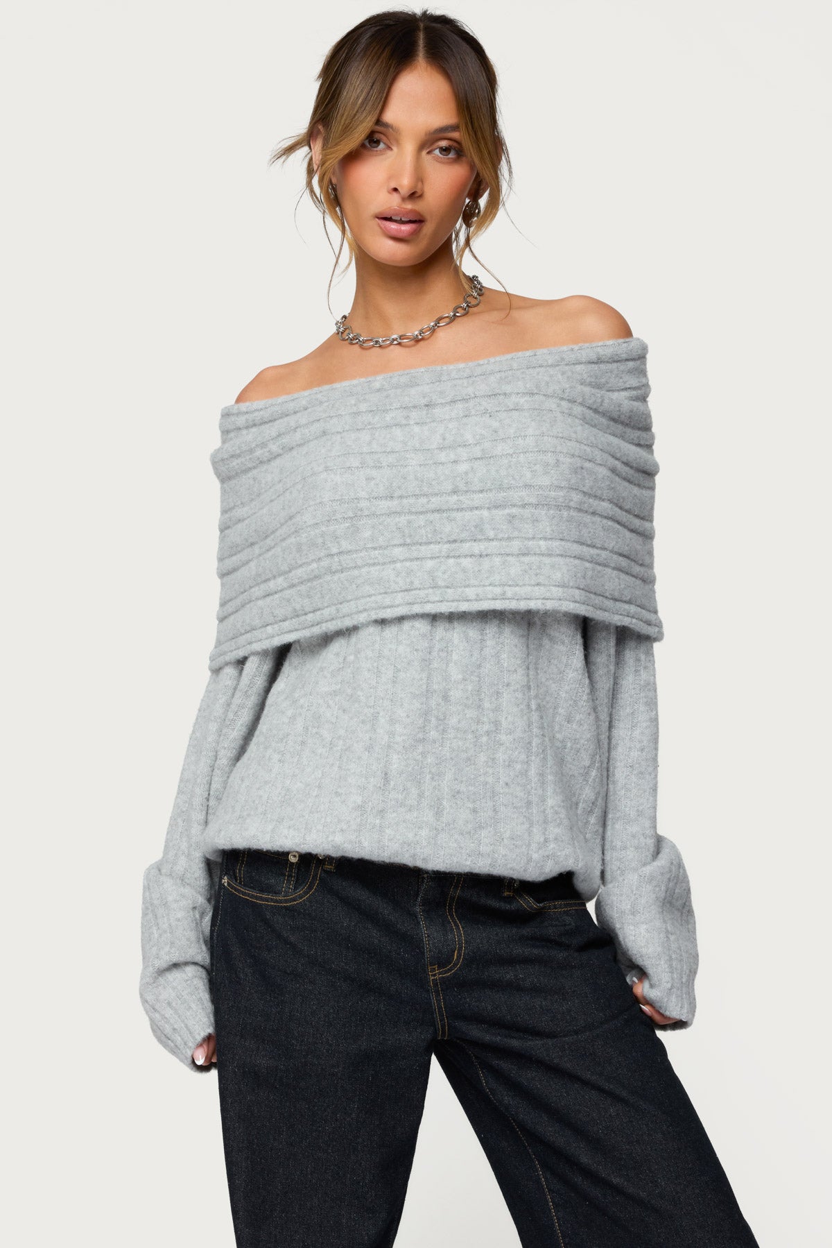 Kadenna Oversized Off Shoulder Sweater - LIGHT-GRAY-MELANGE