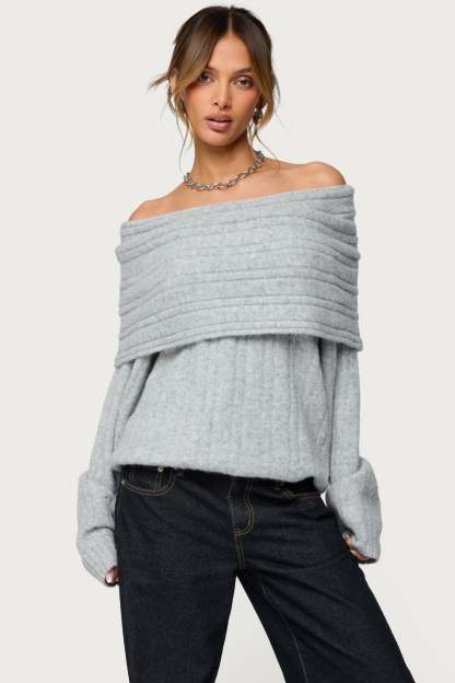 Kadenna Oversized Off Shoulder Sweater - LIGHT-GRAY-MELANGE