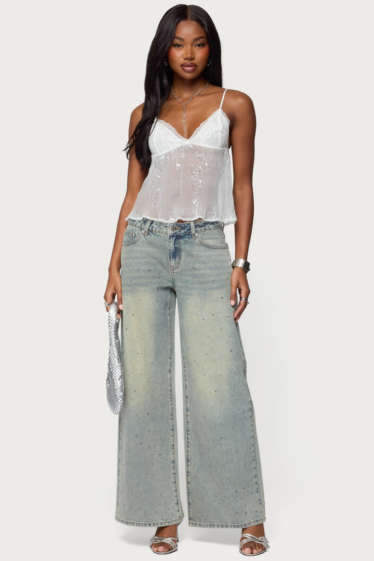 Sequin Sheer Mesh Babydoll Top - WHITE
