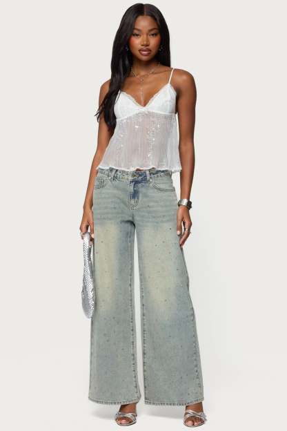 Sequin Sheer Mesh Babydoll Top - WHITE