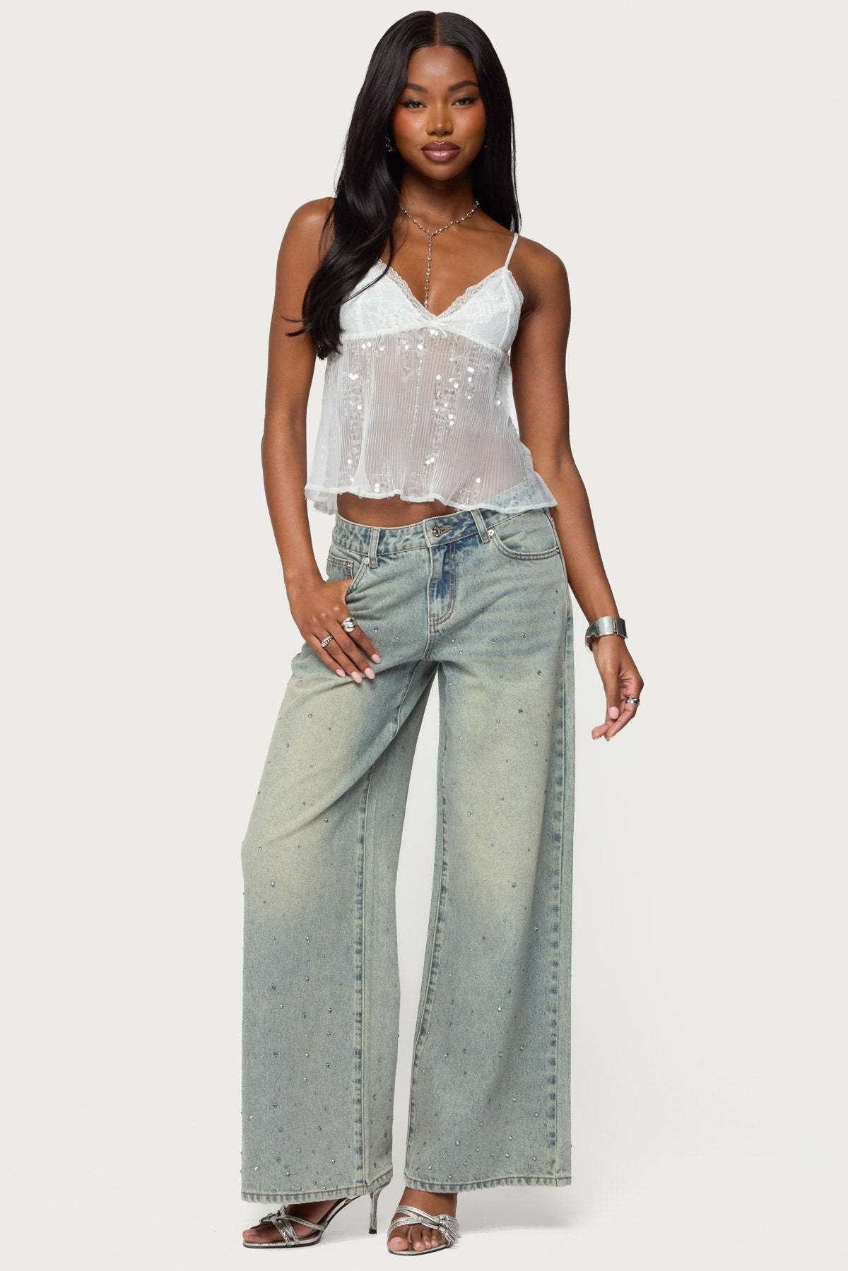 Sequin Sheer Mesh Babydoll Top - WHITE