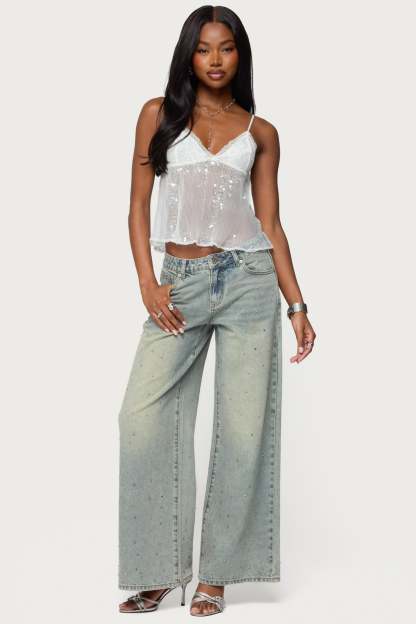 Sequin Sheer Mesh Babydoll Top - WHITE