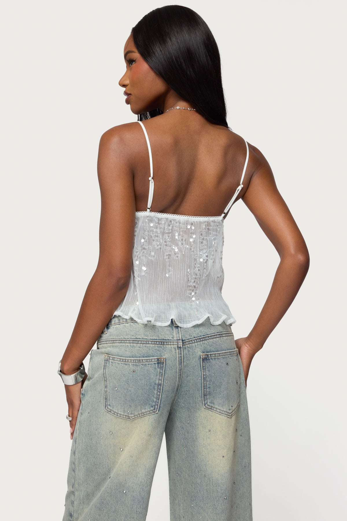 Sequin Sheer Mesh Babydoll Top - WHITE