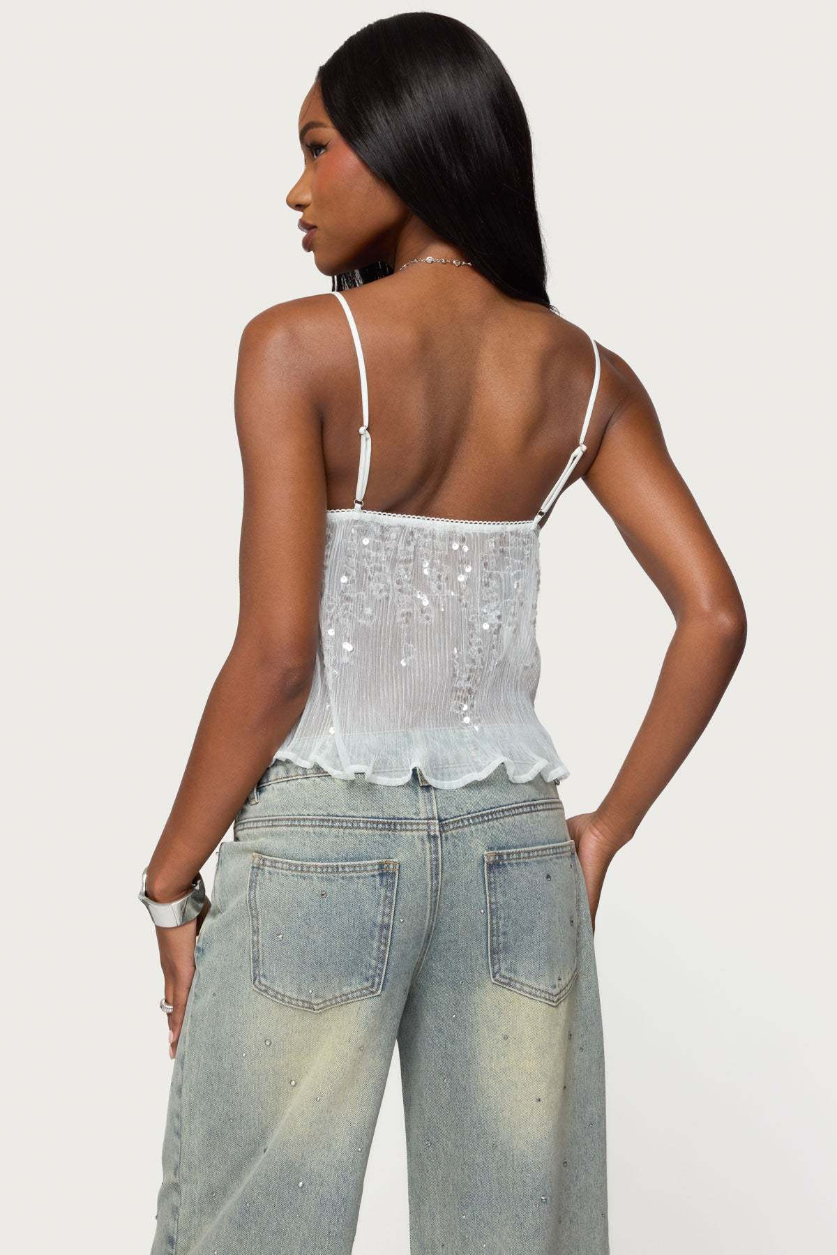 Sequin Sheer Mesh Babydoll Top - WHITE