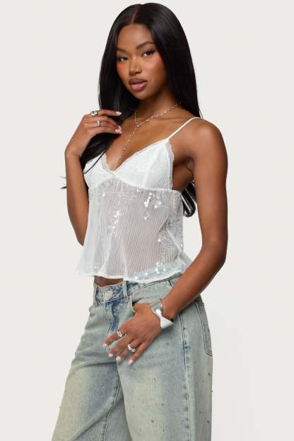 Sequin Sheer Mesh Babydoll Top - WHITE
